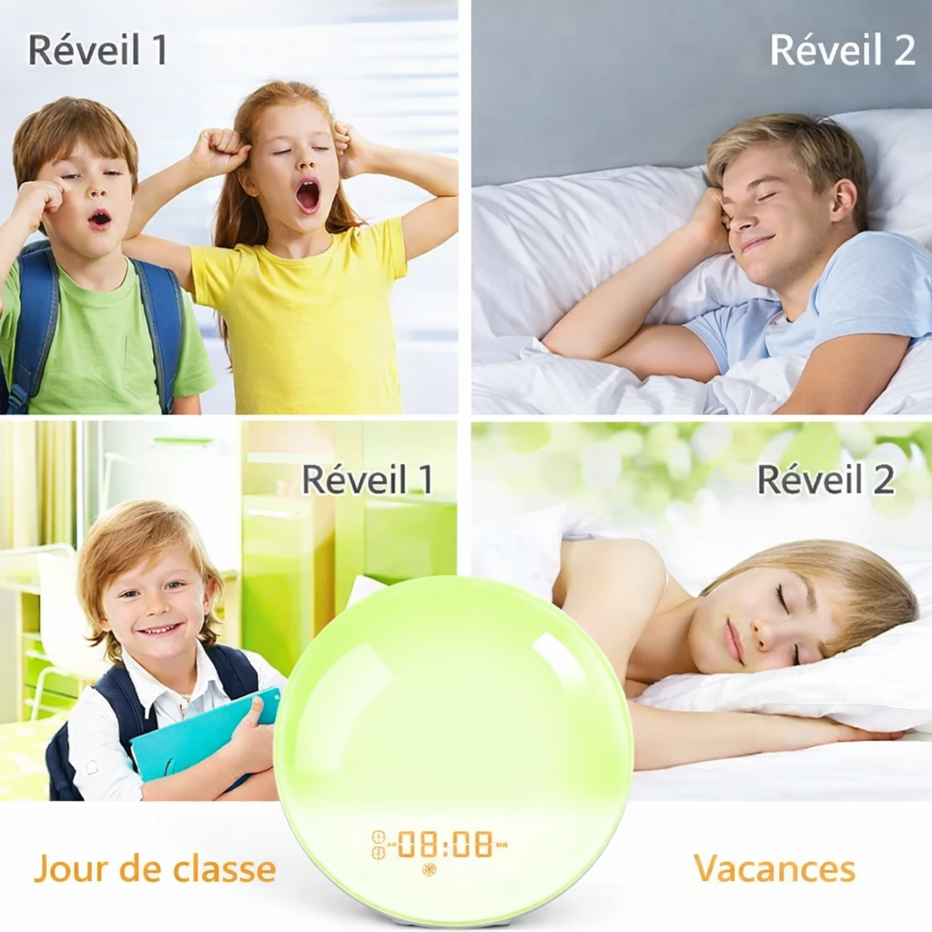 Réveil simulateur d’aube avec double alarme pour jours de classe et vacances