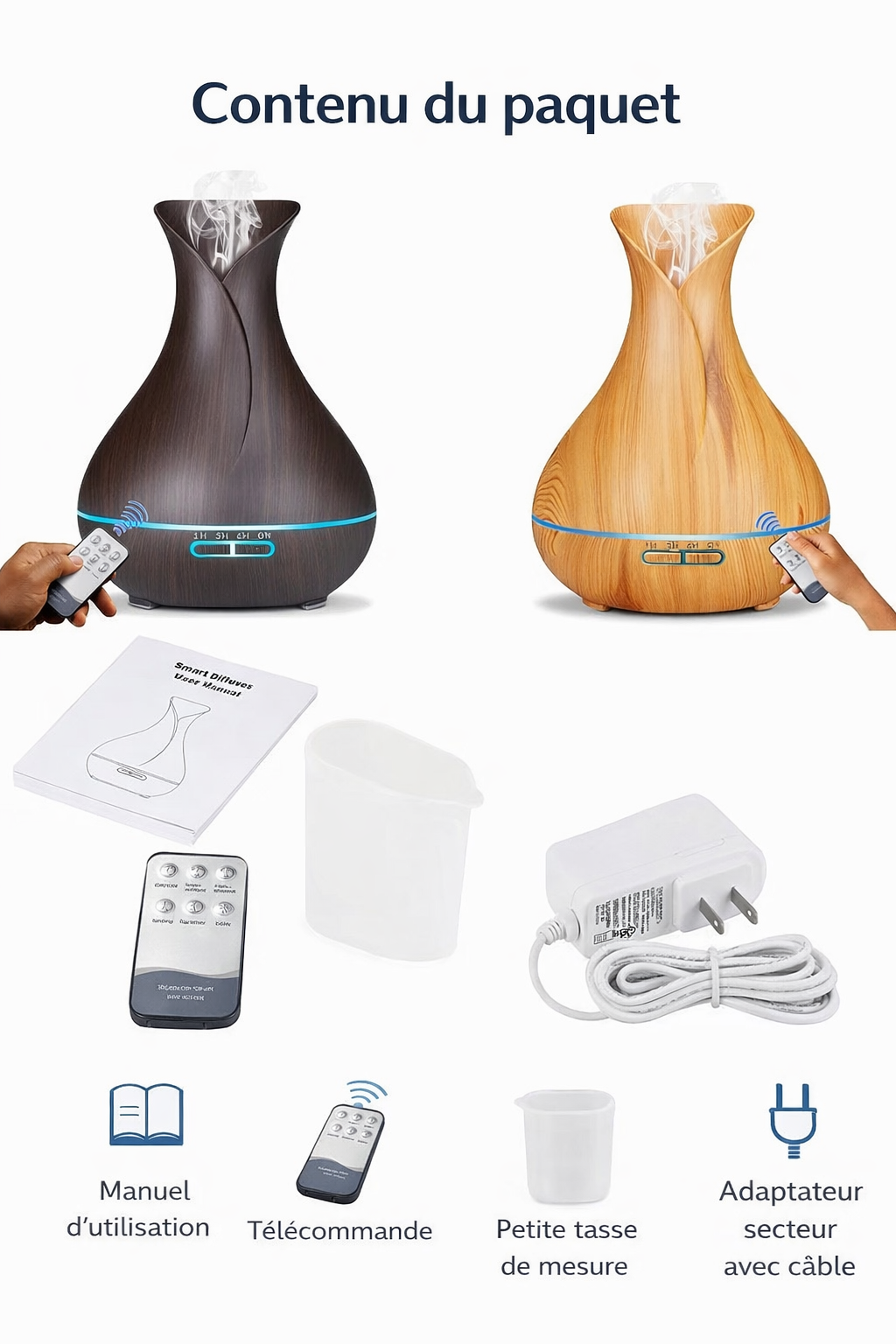 Contenu de la boîte du diffuseur d’huiles essentielles SmartVibe avec télécommande, adaptateur secteur et manuel d’utilisation
