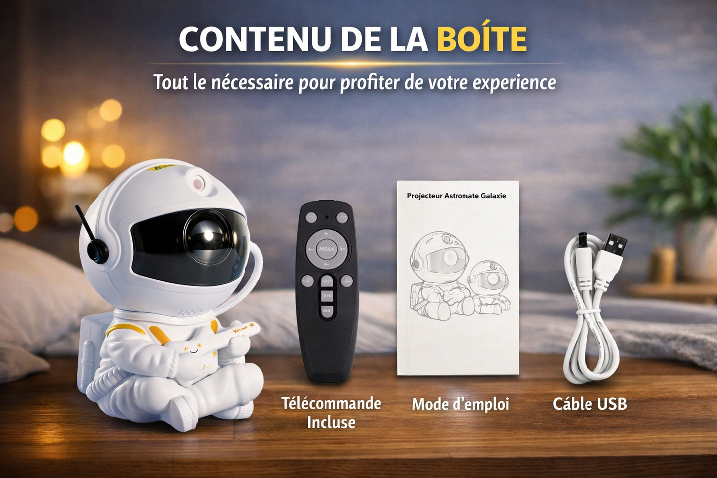 Accessoires inclus avec le projecteur galaxie astronaute : télécommande et câble USB