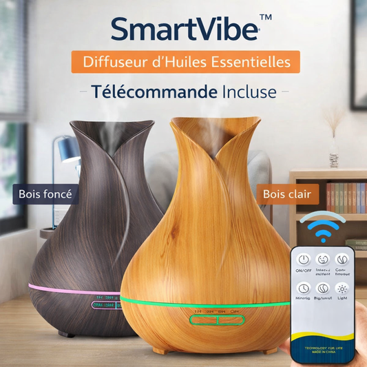 Diffuseur d’huiles essentielles SmartVibe avec télécommande, design bois clair et foncé, brume relaxante et éclairage LED pour ambiance zen à la maison