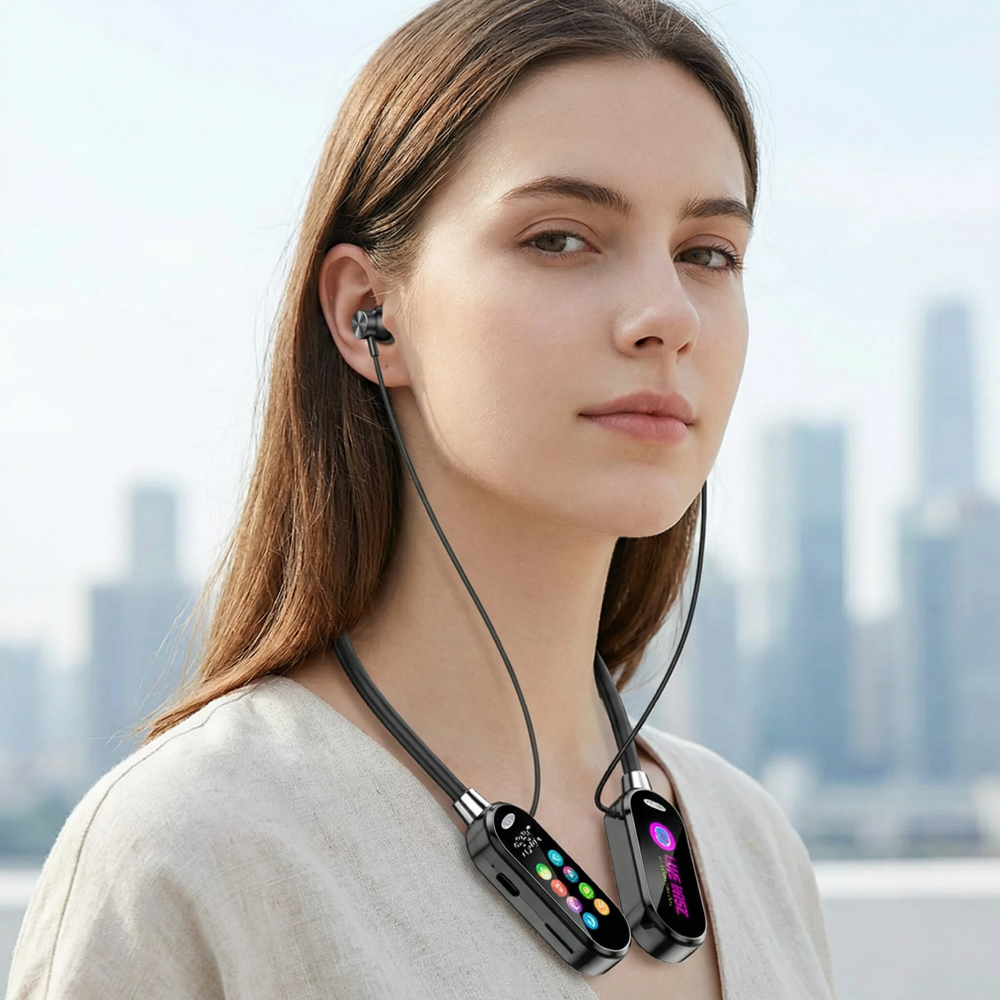 Écouteurs Bluetooth tour de cou avec écran LED intelligent et design moderne