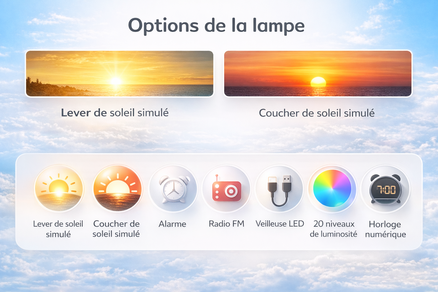 Options du réveil lumineux simulateur d’aube avec radio FM, alarme et 20 niveaux de luminosité