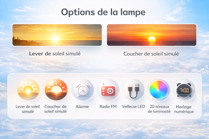 Options du réveil lumineux simulateur d’aube avec radio FM, alarme et 20 niveaux de luminosité