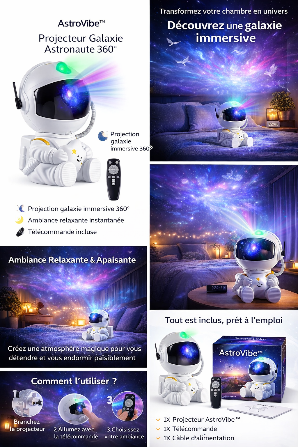 Projecteur galaxie astronaute AstroVibe 360 avec projection immersive LED, idéal pour créer une ambiance relaxante et favoriser le sommeil