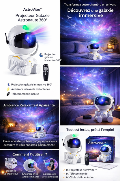Projecteur galaxie astronaute AstroVibe 360 avec projection immersive LED, idéal pour créer une ambiance relaxante et favoriser le sommeil