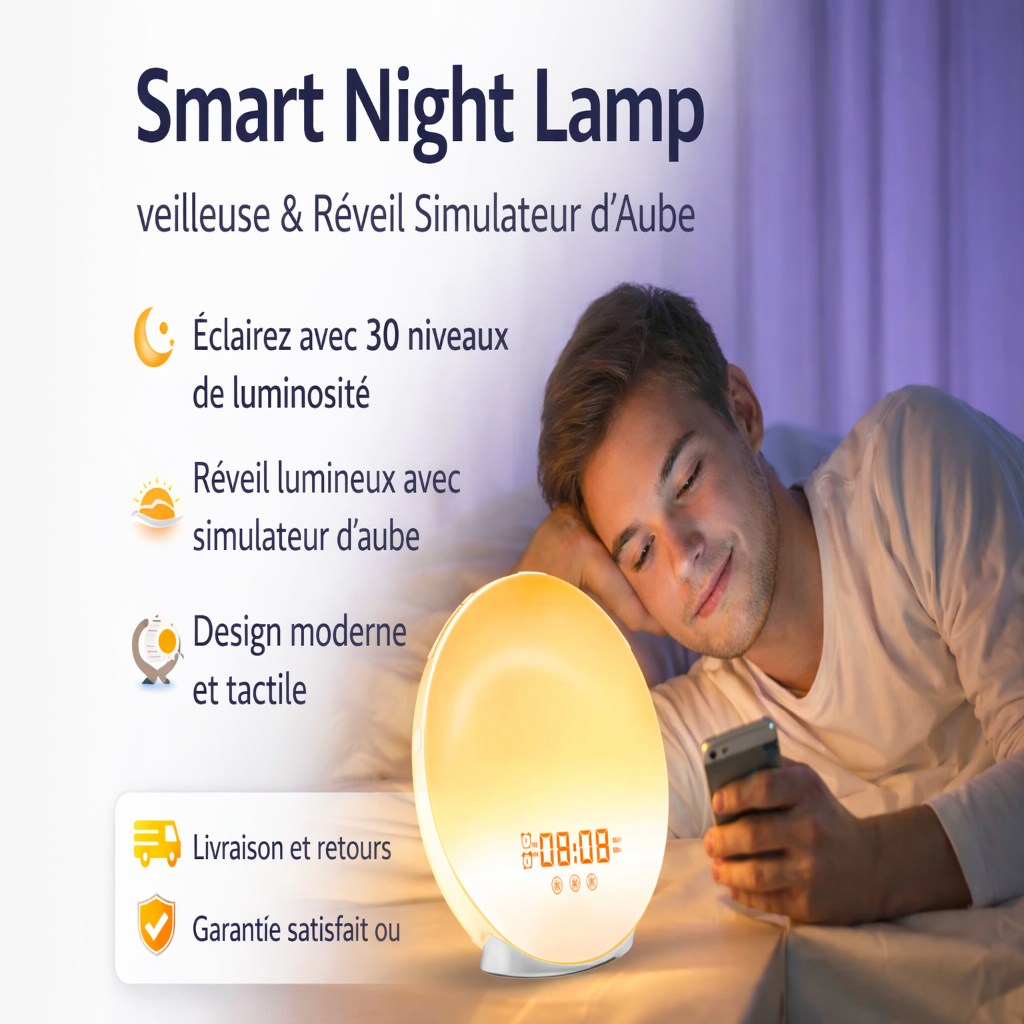 Lampe de chevet SmartVibe avec réveil simulateur d’aube et 30 niveaux de luminosité pour une ambiance apaisante et un réveil naturel