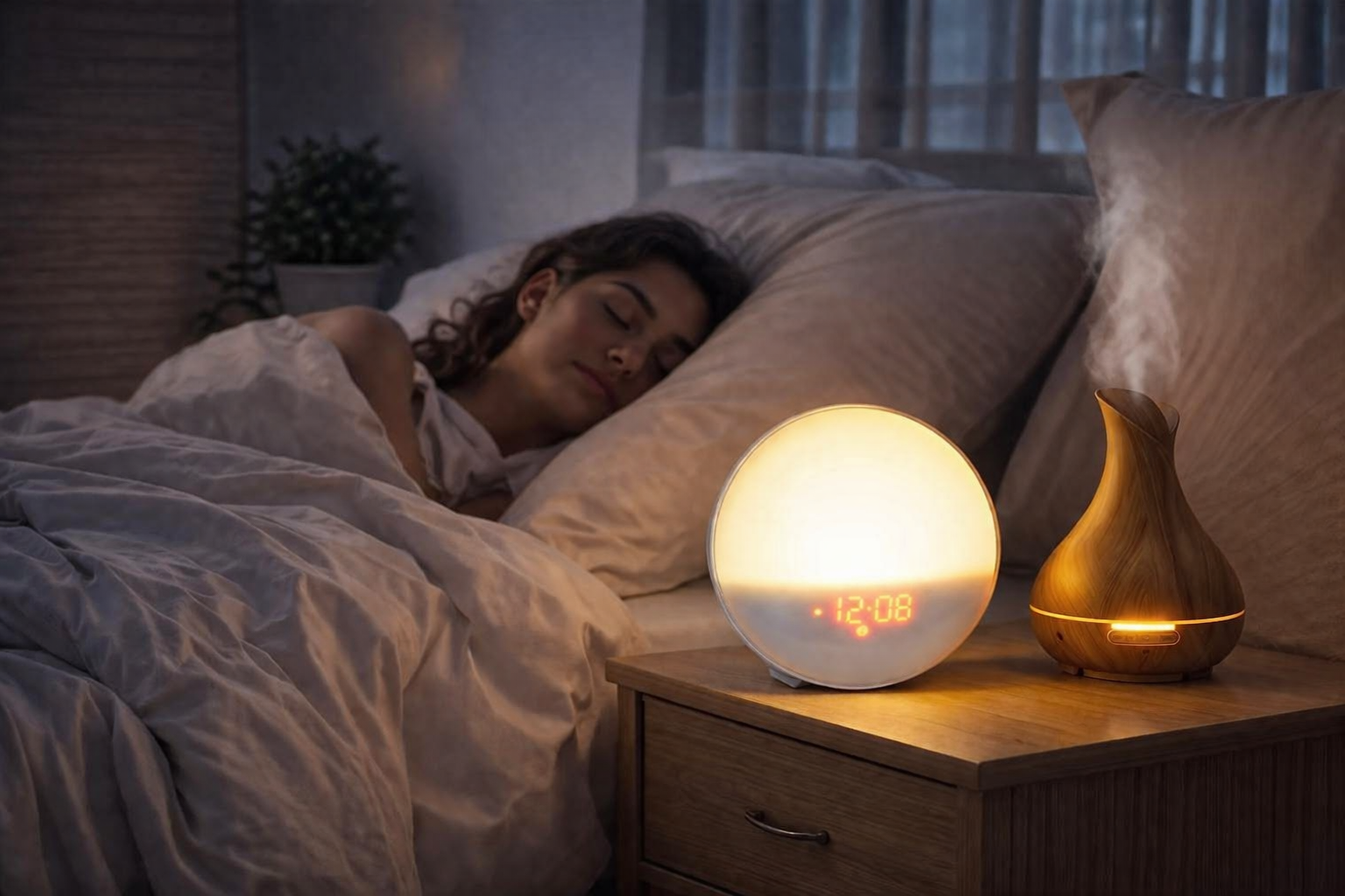 Réveil simulateur d’aube Smart Vibe sur table de chevet diffusant une lumière douce pendant le sommeil pour améliorer le réveil