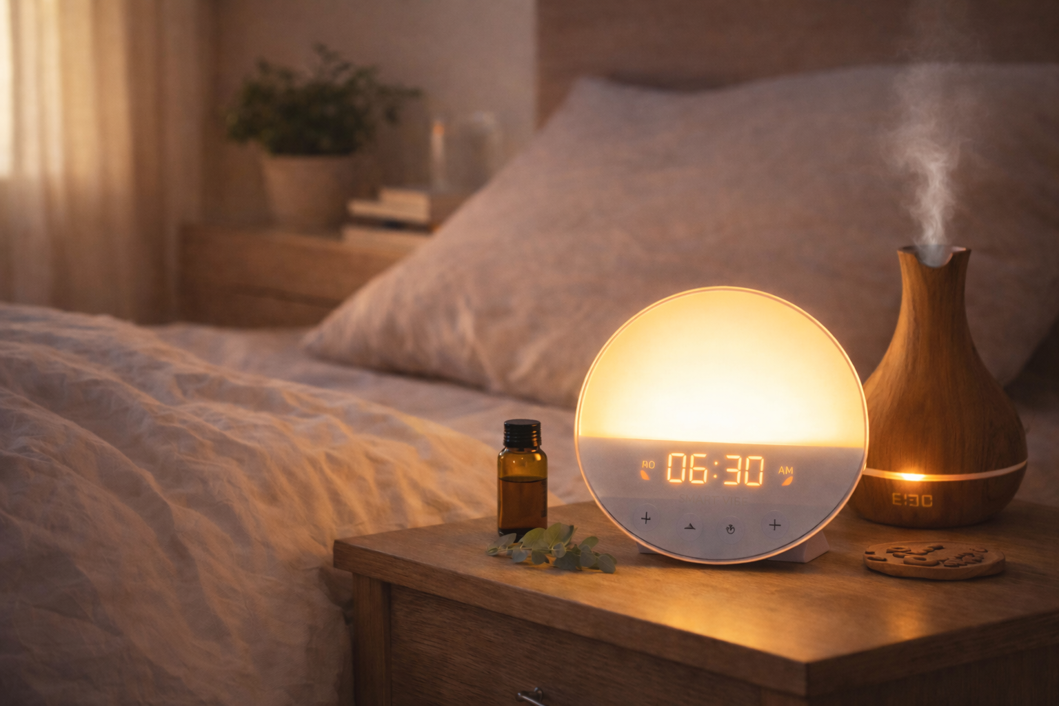 Réveil simulateur d’aube Smart Vibe avec lumière progressive sur table de chevet pour un réveil naturel et une ambiance relaxante