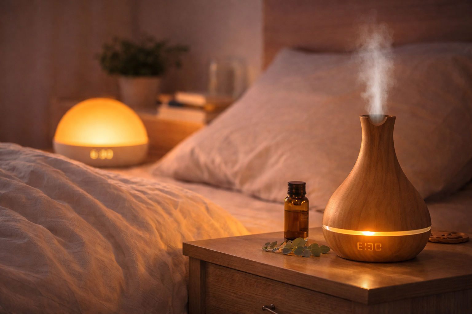 Diffuseur d’huiles essentielles avec éclairage LED dans une chambre apaisante pour créer une ambiance relaxante et améliorer le sommeil
