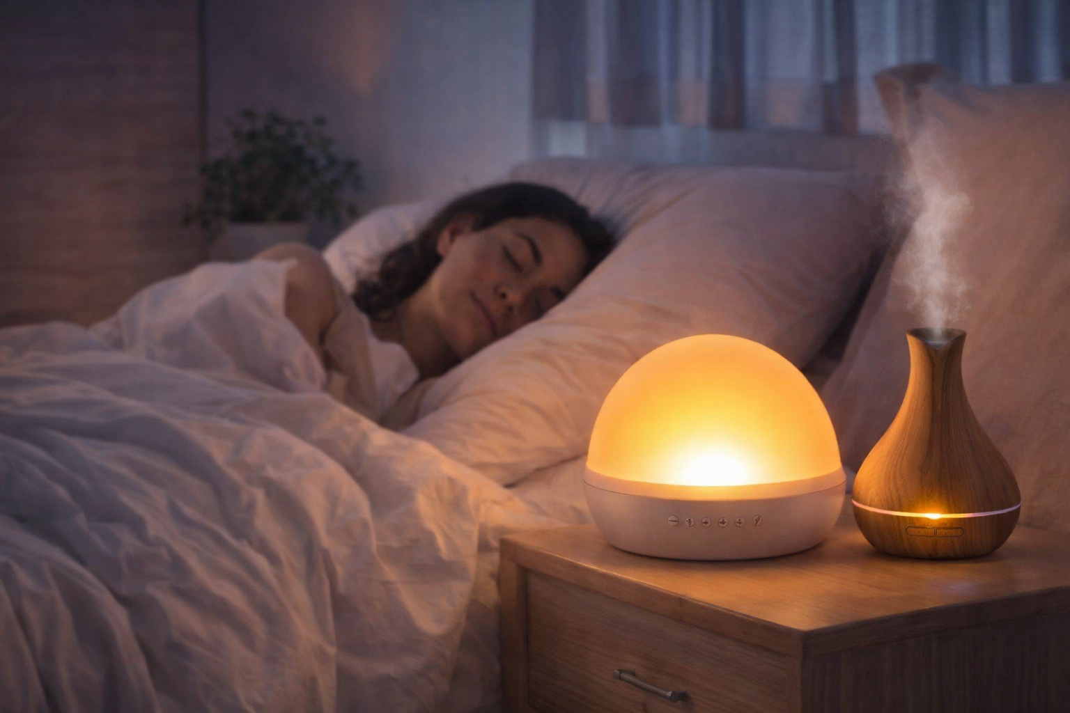 Réveil simulateur d’aube et diffuseur d’huiles essentielles dans une chambre apaisante pour améliorer le sommeil et la relaxation