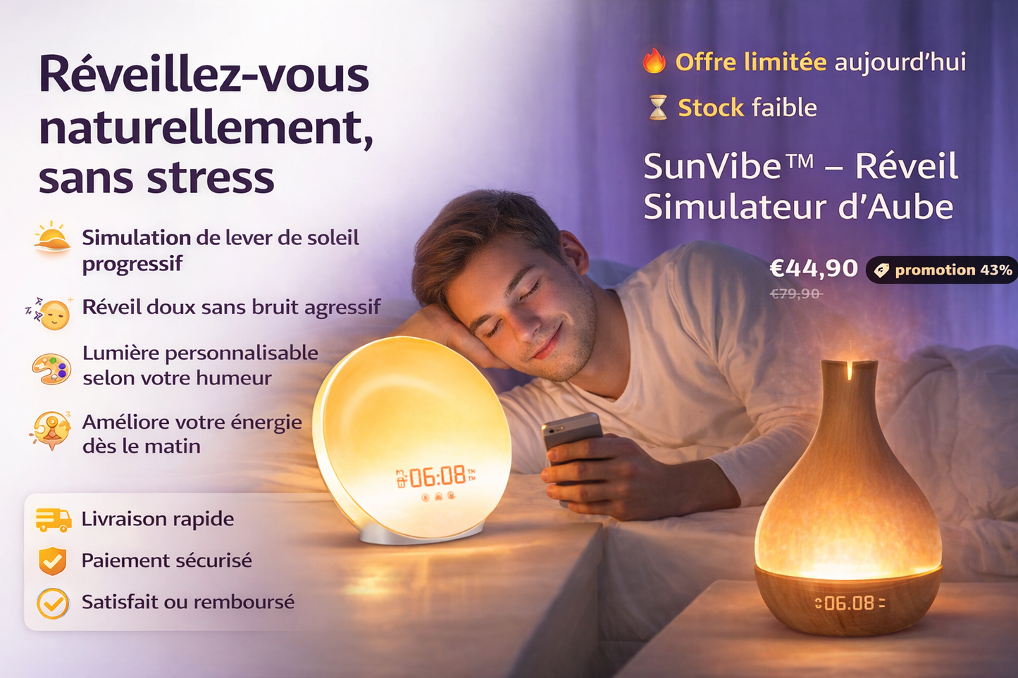 Réveil simulateur d’aube SunVibe avec lumière douce simulant un lever de soleil pour un réveil naturel sans stress, améliorant l’énergie dès le matin