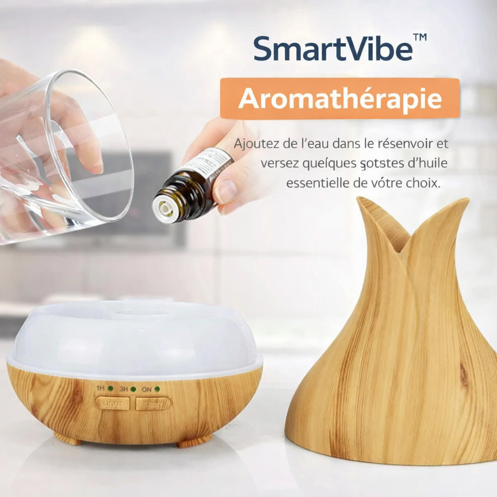 Utilisation du diffuseur d’huiles essentielles SmartVibe avec ajout d’eau et d’huile essentielle pour aromathérapie relaxante à la maison
