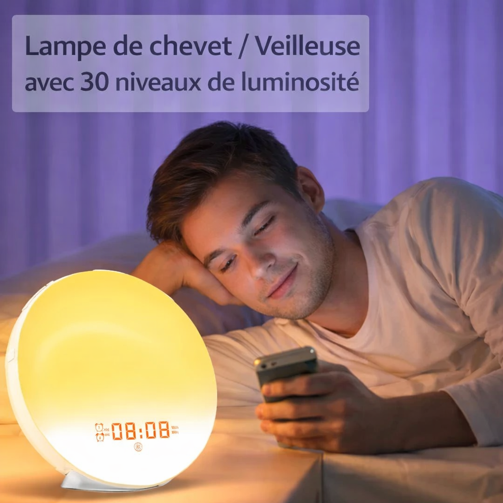 Lampe de chevet réveil simulateur d’aube avec lumière d’ambiance réglable dans une chambre